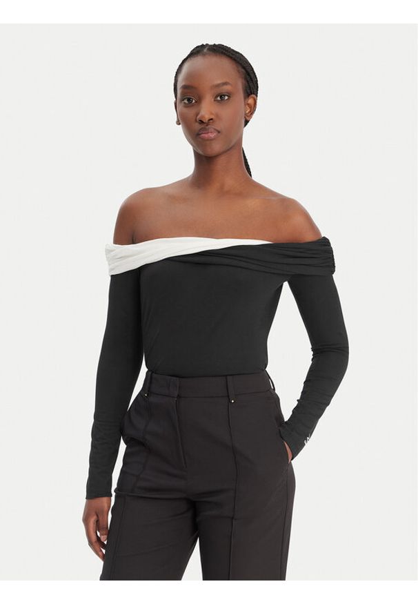 Karl Lagerfeld - KARL LAGERFELD Bluzka B1W17009 Czarny Slim Fit. Typ kołnierza: dekolt w karo. Kolor: czarny