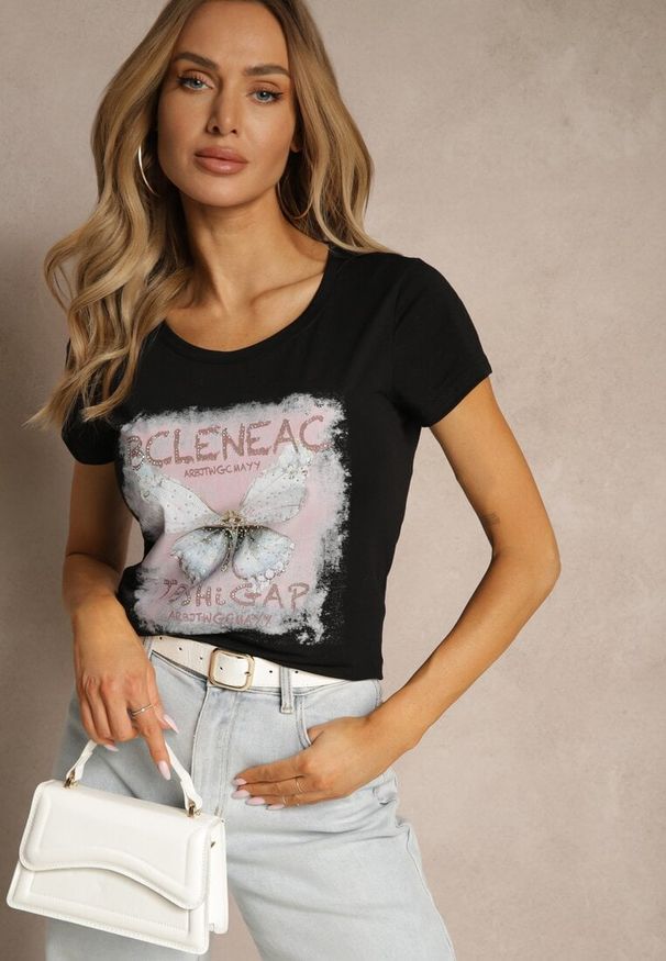 Renee - Czarny T-shirt z Bawełny Ozdobiony Cyrkoniami i Motylem Uliadwena. Okazja: na co dzień. Kolor: czarny. Materiał: bawełna. Wzór: aplikacja. Styl: sportowy, klasyczny, casual