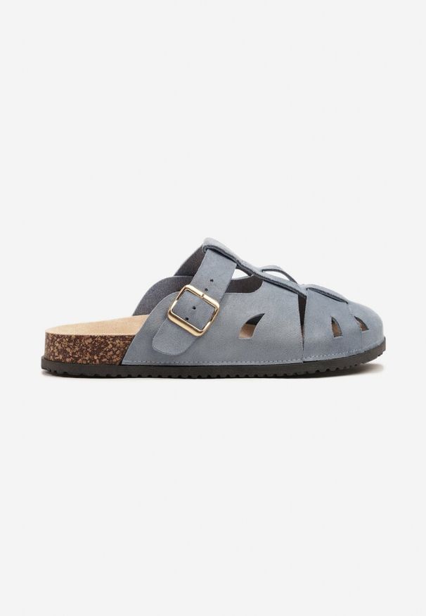 Renee - Niebieskie Klapki w Stylu Chodaków Zdobione Wycięciami Wisae. Okazja: na co dzień. Kolor: niebieski. Materiał: jeans. Wzór: aplikacja. Sezon: lato. Obcas: na obcasie. Styl: elegancki, casual. Wysokość obcasa: niski
