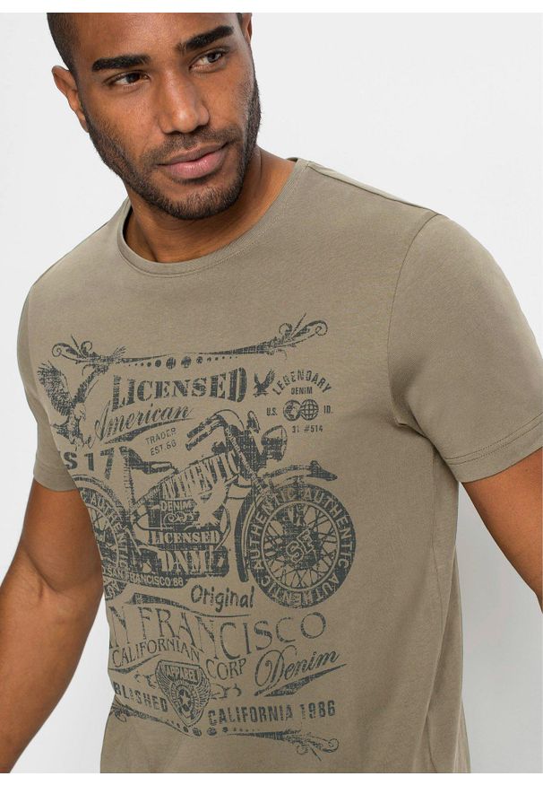 bonprix - T-shirt z czystej bawełny. Okazja: na co dzień. Kolor: beżowy, zielony. Materiał: bawełna. Wzór: nadruk. Styl: casual