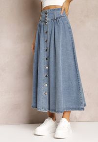 Renee - Niebieska Jeansowa Spódnica Maxi z Guzikami z Bawełny Rachellia. Kolor: niebieski. Materiał: jeans, bawełna