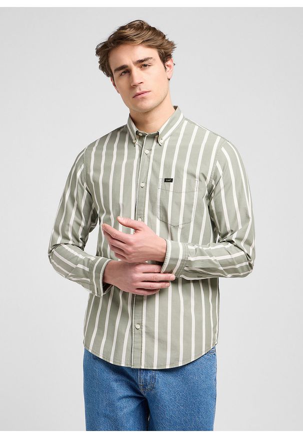 Lee - MESKA KOSZULA LEE BUTTON DOWN OLIVE STONE STRIPE 112370546. Typ kołnierza: button down