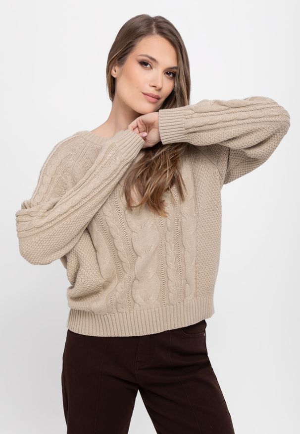 Volcano - Luźny sweter S-AYA. Kolor: beżowy. Materiał: jeans, materiał, bawełna. Wzór: ze splotem. Styl: elegancki
