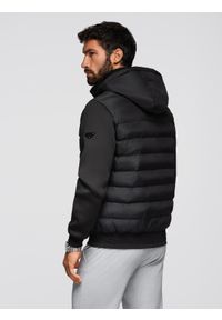 Ombre Clothing - Pikowana kurtka bomberka z kapturem i dzianinowymi rękawami – czarna V1 - Rozmiar: XL. Typ kołnierza: kaptur. Kolor: czarny. Materiał: dzianina. Wzór: aplikacja, nadruk. Styl: klasyczny #6