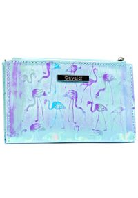 4U CAVALDI - Duży portfel damski wykonany ze skóry ekologicznej w błękitnym kolorze ze wzorem we flamingi 4U Cavaldi CHWJ-10. Kolor: niebieski. Materiał: skóra ekologiczna. Wzór: aplikacja #1