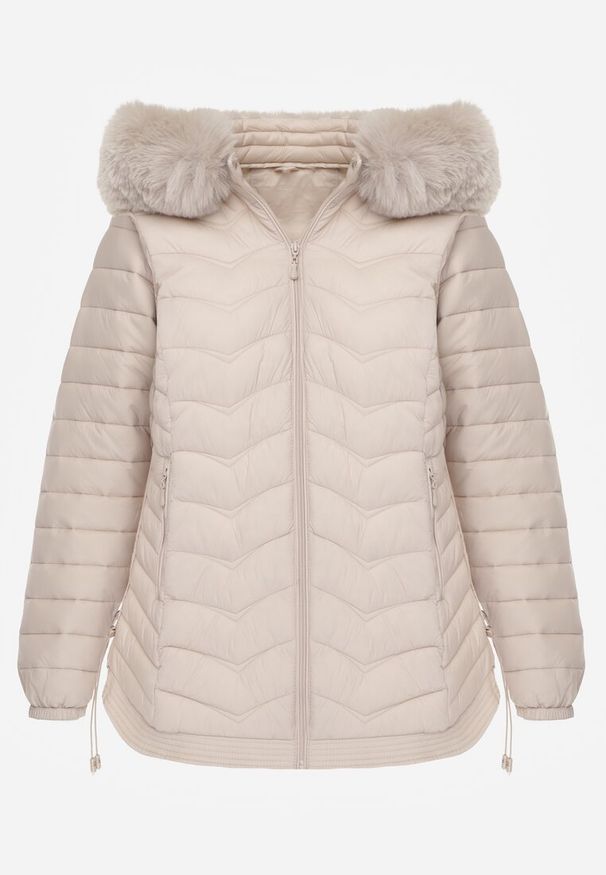 Renee - Jasnobeżowa Przejściowa Kurtka z Pikowaniem Bocznymi Ściągaczami i Kapturem Fezizia. Okazja: na co dzień. Kolor: beżowy. Materiał: futro, poliester, jeans. Styl: casual, elegancki