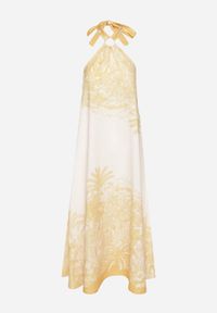 Born2be - Żółta Sukienka z Wiskozą i Motywem Palm z Wiązaniem Izomara. Okazja: na co dzień, na spacer. Kolor: żółty. Materiał: wiskoza. Sezon: lato. Styl: casual, elegancki #5