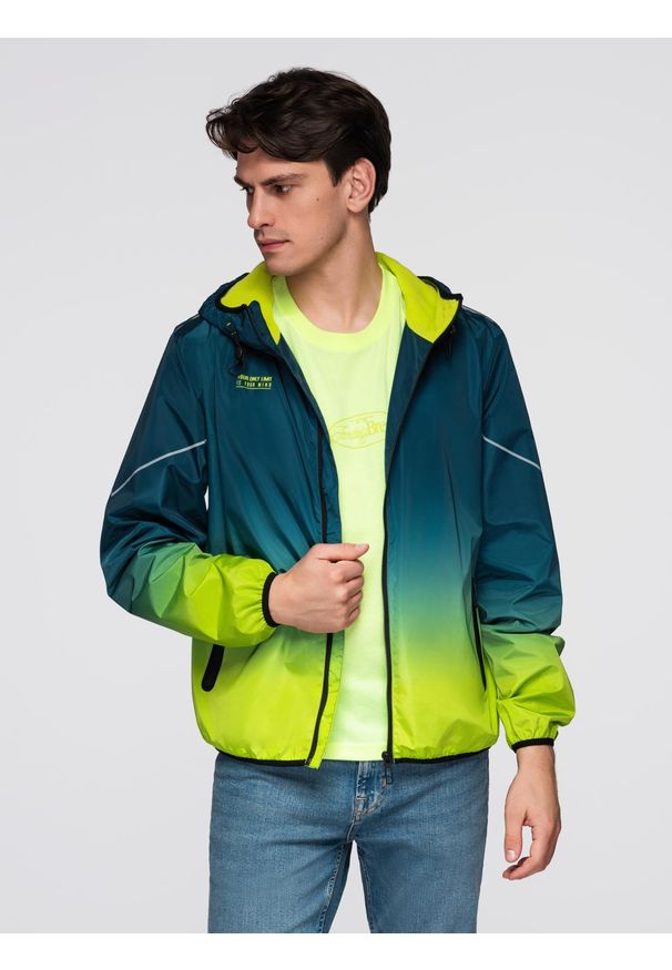 Ombre Clothing - Sportowa kurtka męska ombre z odblaskami i polarową podszewką – turkusowo-limonkowa V1 - Rozmiar: XL. Kolor: turkusowy. Materiał: polar. Wzór: nadruk, gradientowy, napisy. Styl: sportowy