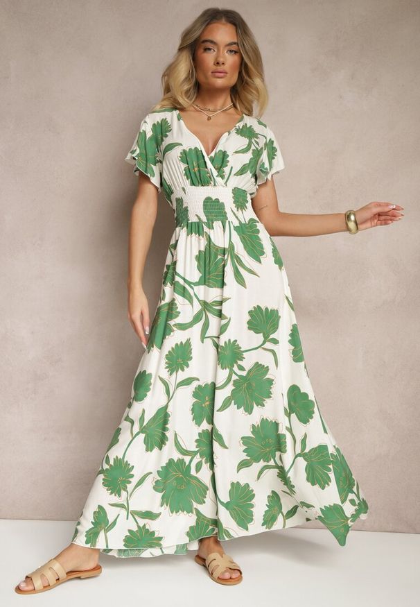 Renee - Zielona Sukienka z Wiskozy w Kwiatowy Wzór Corinea. Okazja: na co dzień. Typ kołnierza: dekolt w kształcie V. Kolor: zielony. Materiał: wiskoza. Wzór: kwiaty. Sezon: wiosna, lato. Styl: casual, klasyczny