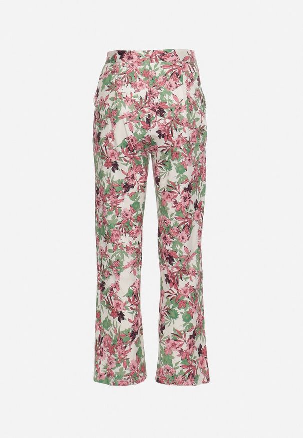 Born2be - Różowo-Białe Spodnie z Szerokimi Nogawkami z Wysokim Stanem w Kwiecisty Wzór Kastaria. Stan: podwyższony. Kolor: różowy. Materiał: tkanina. Styl: klasyczny, elegancki