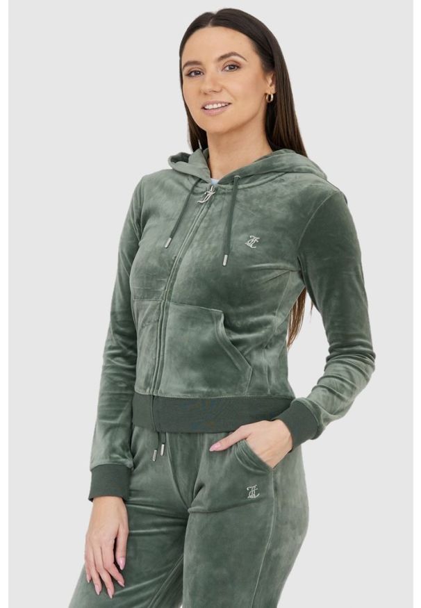 Juicy Couture - JUICY COUTURE Welurowa zielona rozpinana bluza damska diamante hoodie, Rozmiar L. Kolor: zielony. Materiał: welur