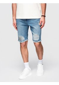Ombre Clothing - Męskie krótkie spodenki jeansowe z przetarciami i dziurami – niebieskie V3 - Rozmiar: XXL. Okazja: na co dzień. Kolor: niebieski. Materiał: jeans. Długość: krótkie. Wzór: aplikacja. Sezon: lato. Styl: klasyczny, casual