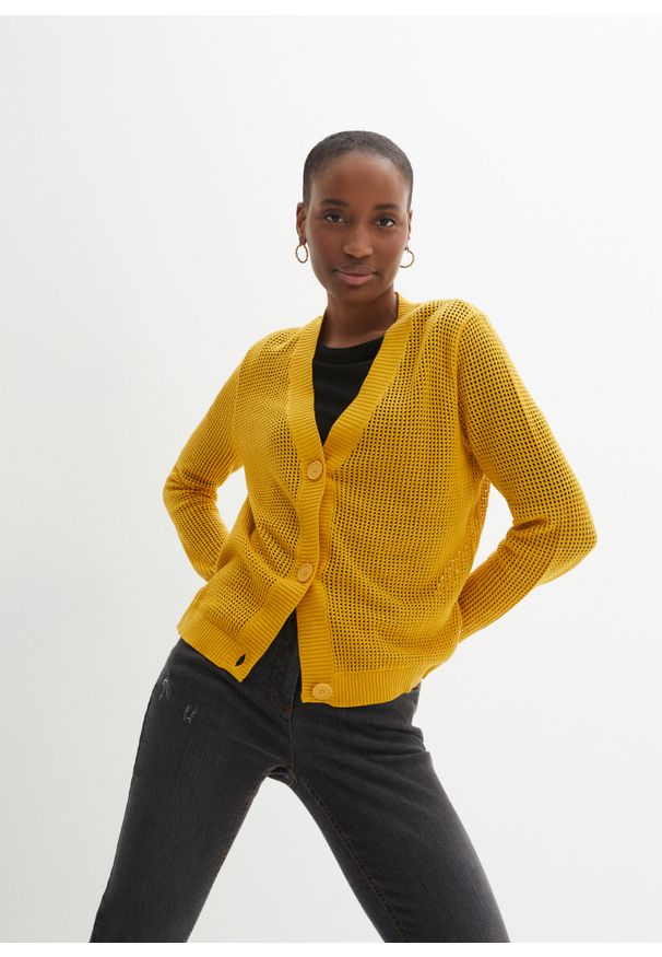 bonprix - Sweter rozpinany ażurowy. Kolor: żółty. Wzór: ażurowy
