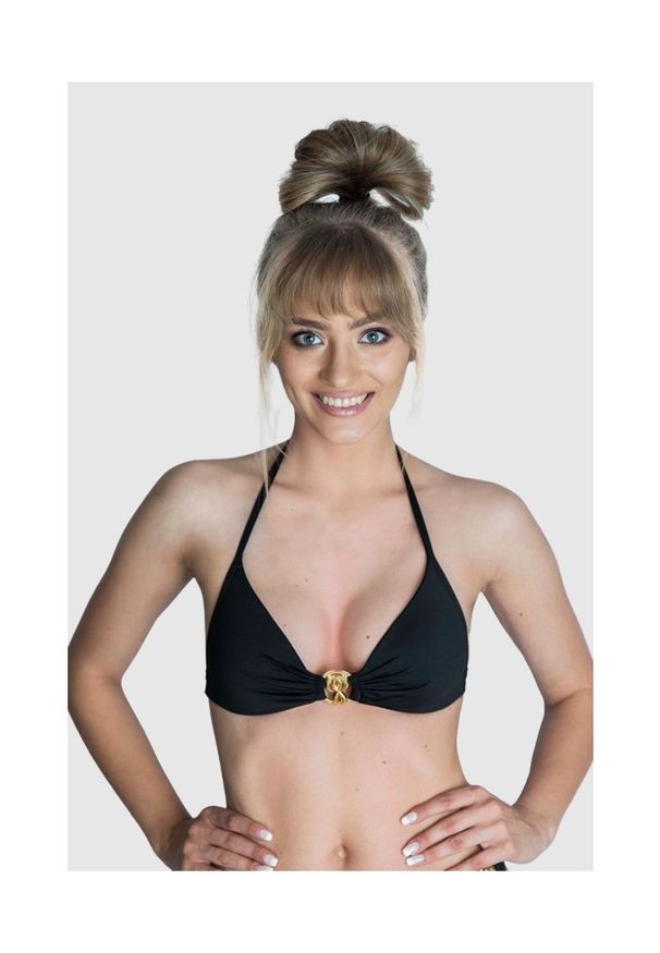 MOSCHINO SWIM Góra od bikini złote metalowe logo, Rozmiar XS. Kolor: czarny. Materiał: poliamid, materiał. Wzór: gładki