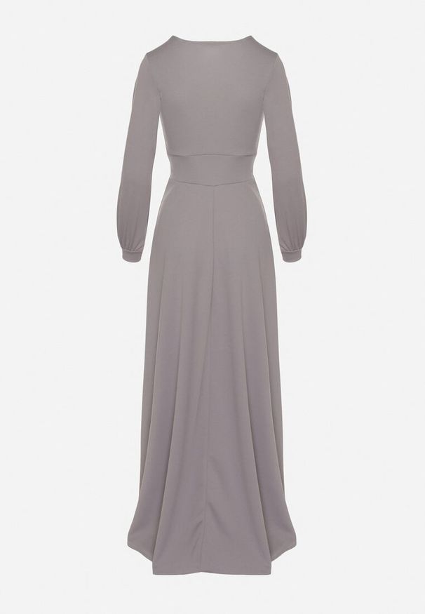 Born2be - Szara Rozkloszowana Sukienka Koktajlowa z Bufiastymi Rękawami i Rozcięciem na Nogę Erqellia. Okazja: na imprezę. Typ kołnierza: dekolt w serek. Kolor: szary. Styl: wizytowy