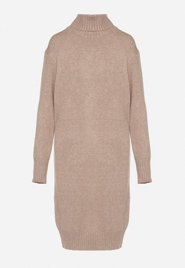 Born2be - Beżowa Dzianinowa Sukienka z Bawełną o Prostym Kroju z Golfem Tesala. Okazja: do pracy, na spotkanie biznesowe. Typ kołnierza: golf. Kolor: beżowy. Materiał: dzianina, bawełna. Wzór: jednolity. Typ sukienki: proste. Styl: klasyczny, biznesowy