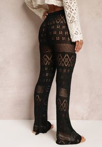Renee - Czarne Ażurowe Spodnie Flare ze Sznurkiem i Gumką w Talii Alinata. Kolor: czarny. Materiał: dzianina. Wzór: ażurowy. Styl: wakacyjny #4