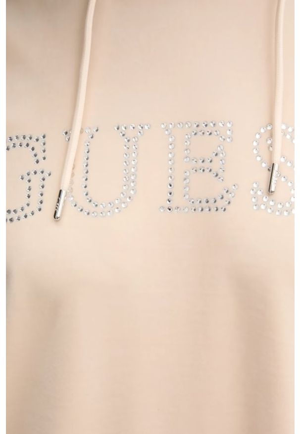 Guess - GUESS Beżowa damska długa welurowa bluza Couture, Rozmiar S. Kolor: beżowy. Materiał: welur. Długość: długie