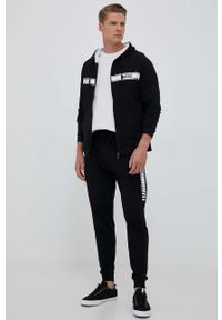 BOSS bluza bawełniana męska kolor czarny z kapturem z nadrukiem. Typ kołnierza: kaptur. Kolor: czarny. Materiał: bawełna. Długość rękawa: raglanowy rękaw. Wzór: nadruk #3