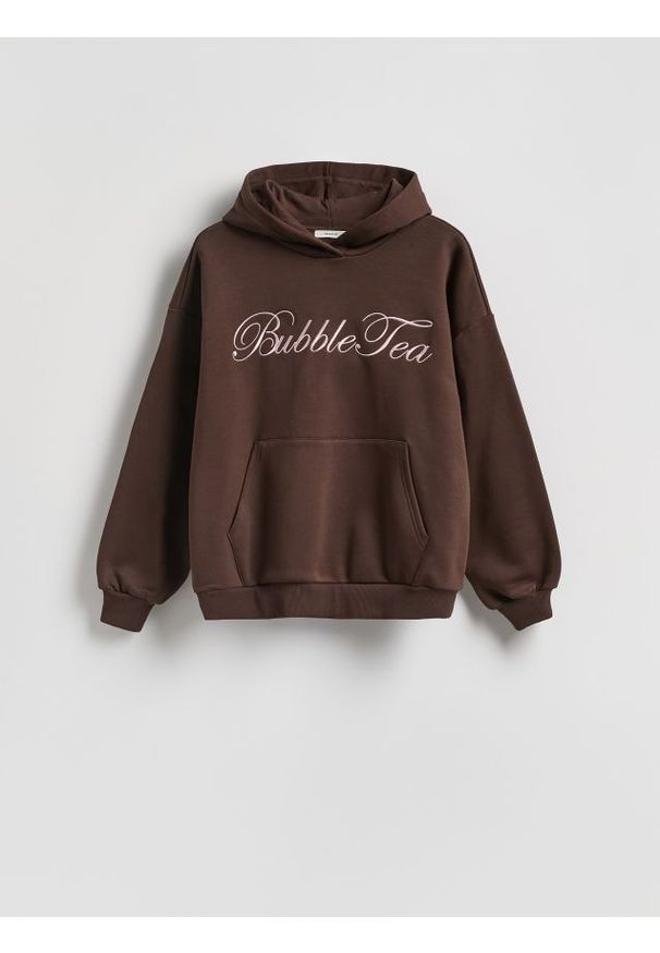 Reserved - Bluza oversize z haftem - brązowy. Kolor: brązowy. Materiał: dzianina, bawełna. Wzór: haft