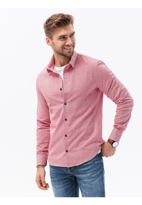 Ombre Clothing - Bawełniana koszula męska z tkaniny w stylu Oxford SLIM FIT - czerwona V18 K642 - XXL. Kolor: czerwony. Materiał: tkanina, bawełna