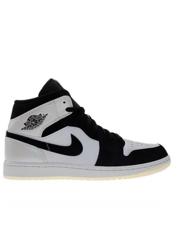 Buty męskie Air Jordan 1 Mid SE DH6933-100 - biało-czarne. Kolor: czarny, biały, wielokolorowy. Materiał: skóra, materiał, syntetyk, guma. Szerokość cholewki: normalna