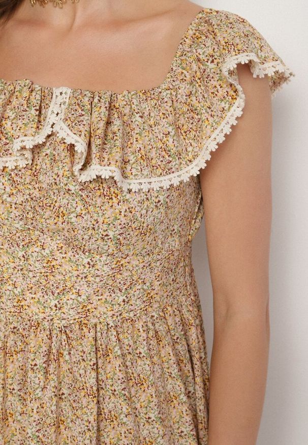 Born2be - Żółta Sukienka Ozdobiona Falbankami Folirae. Okazja: na spacer, na co dzień. Typ kołnierza: kołnierz z falbankami. Kolor: żółty. Wzór: aplikacja. Sezon: lato. Typ sukienki: sportowe. Styl: casual, sportowy