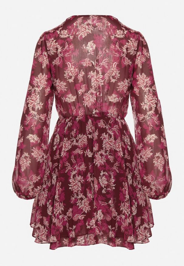 Born2be - Bordowa Kopertowa Sukienka w Kwiaty z Bufiastymi Rękawami Zavea. Okazja: na co dzień, na randkę. Typ kołnierza: dekolt w serek. Kolor: czerwony. Materiał: poliester. Wzór: kwiaty. Typ sukienki: kopertowe. Styl: casual, elegancki