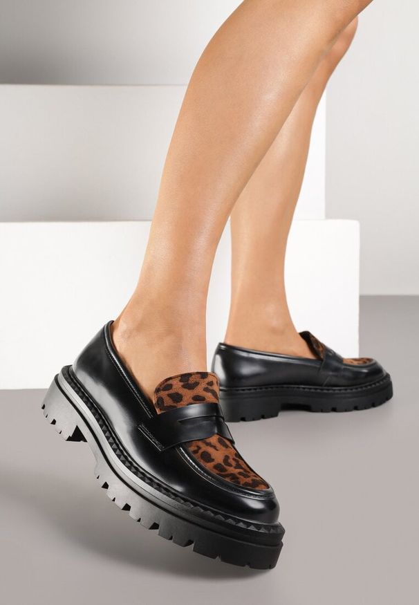Born2be - Panterkowe Lakierowane Mokasyny na Grubej Podeszwie Kallera. Okazja: na co dzień. Materiał: lakier. Styl: klasyczny, casual