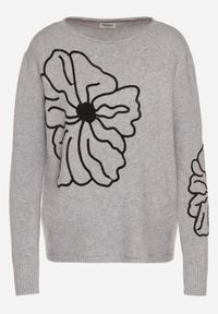 Born2be - Szary Sweter Ozdobiony Haftowanymi Kwiatami Halatusea. Okazja: na co dzień. Kolor: szary. Materiał: jeans. Wzór: kwiaty, aplikacja, haft. Styl: klasyczny, casual #7