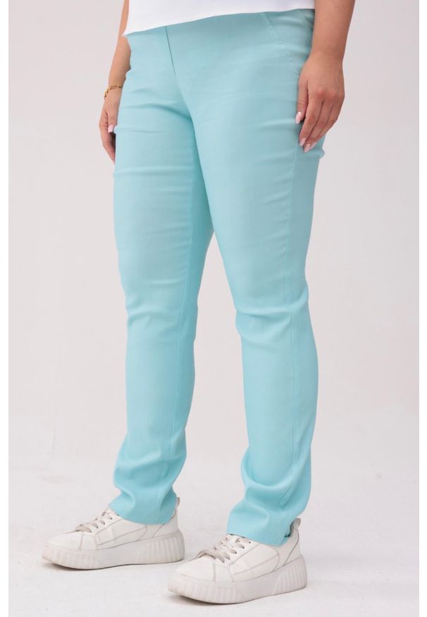 Nasi partnerzy - Błękitne spodnie Nilda z prostą nogawką wysoki stan PLUS SIZE XXL. Okazja: na co dzień, do pracy, na spacer. Stan: podwyższony. Kolekcja: plus size. Kolor: niebieski. Materiał: poliester, elastan, tkanina, materiał, włókno, wiskoza. Długość: krótkie. Styl: casual