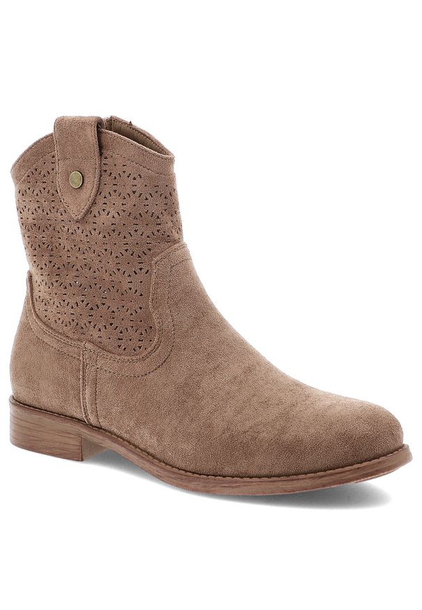 Brązowe Botki S.Barski Eleganckie Obuwie Damskie. Okazja: na co dzień. Kolor: brązowy. Materiał: jeans, materiał. Wzór: ażurowy, aplikacja. Obcas: na obcasie. Styl: elegancki. Wysokość obcasa: niski