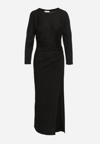 Born2be - Czarna Sukienka z Wiskozą Ozdobiona Wiązaniem i Metaliczną Nicią Ellinira. Okazja: na co dzień. Kolor: czarny. Materiał: wiskoza. Wzór: aplikacja. Typ sukienki: proste. Styl: casual, elegancki #4