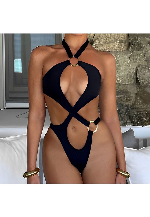 Intica - Strój kąpielowy z klamrami podkreślający sylwetkę na plażę lub basen Melike. Kolor: czarny. Materiał: materiał