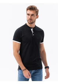 Ombre Clothing - T-shirt męski polo bez kołnierzyka - czarny V8 - Rozmiar: M. Typ kołnierza: bez kołnierzyka, polo. Kolor: czarny. Materiał: materiał, bawełna #1