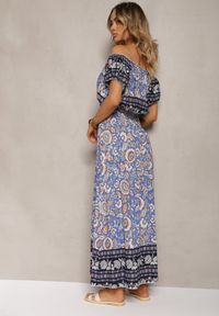 Renee - Niebieska Sukienka z Bawełny z Gumką w Pasie i Wiązaniem przy Dekolcie Hiletta. Okazja: na co dzień. Kolor: niebieski. Materiał: bawełna. Styl: casual