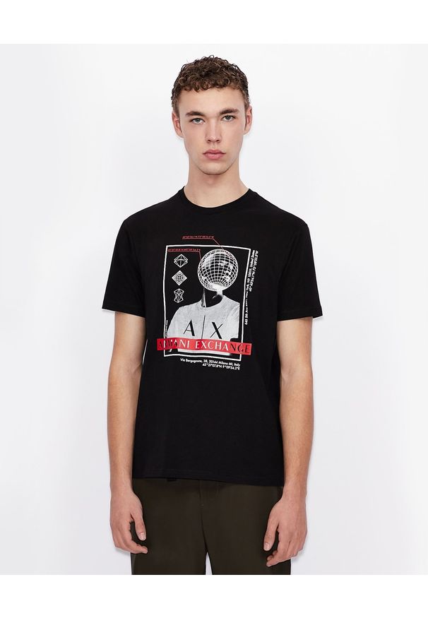 Armani Exchange - ARMANI EXCHANGE - Czarny T-shirt z nadrukiem. Okazja: na co dzień. Kolor: czarny. Materiał: jeans, bawełna. Wzór: nadruk. Styl: klasyczny, casual