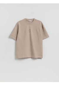 Reserved - T-shirt boxy z nadrukiem - beżowy. Kolor: beżowy. Materiał: dzianina, bawełna. Wzór: nadruk