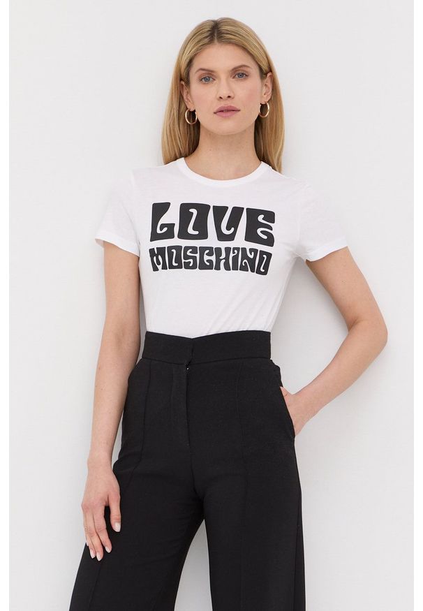 Love Moschino t-shirt damski kolor biały. Kolor: biały. Wzór: nadruk