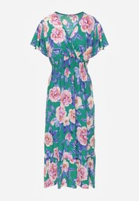 Renee - Zielona Rozkloszowana Sukienka Maxi z Gumkami w Talii i Falbankami Tayte. Typ kołnierza: kołnierz z falbankami. Kolor: zielony. Materiał: tkanina. Długość rękawa: krótki rękaw. Typ sukienki: kopertowe. Długość: maxi #2