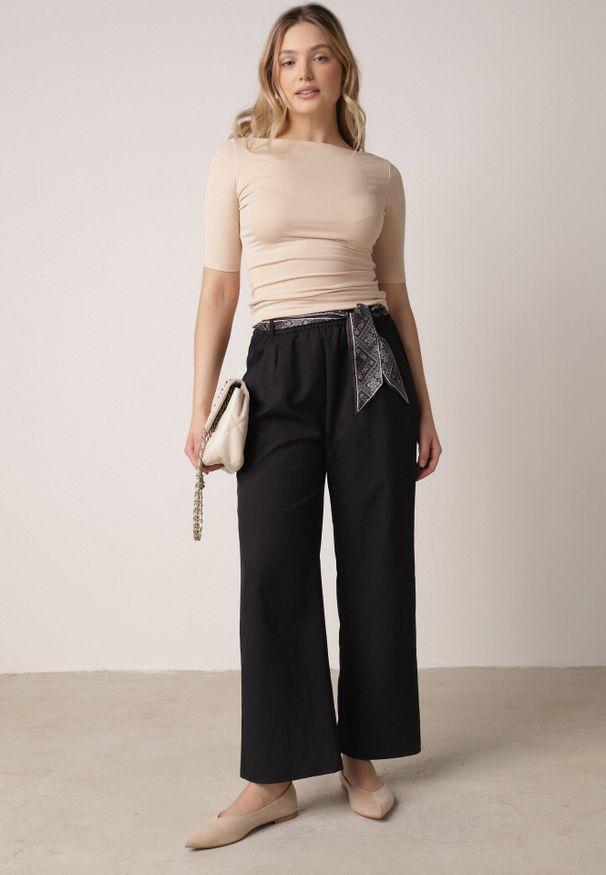 Born2be - Niebieskie Eleganckie Spodnie z Bawełny i Wiskozy z Materiałowym Paskiem-Apaszką Vetina. Okazja: na co dzień, do pracy, na spotkanie biznesowe. Kolor: niebieski. Materiał: materiał, bawełna, wiskoza. Styl: elegancki