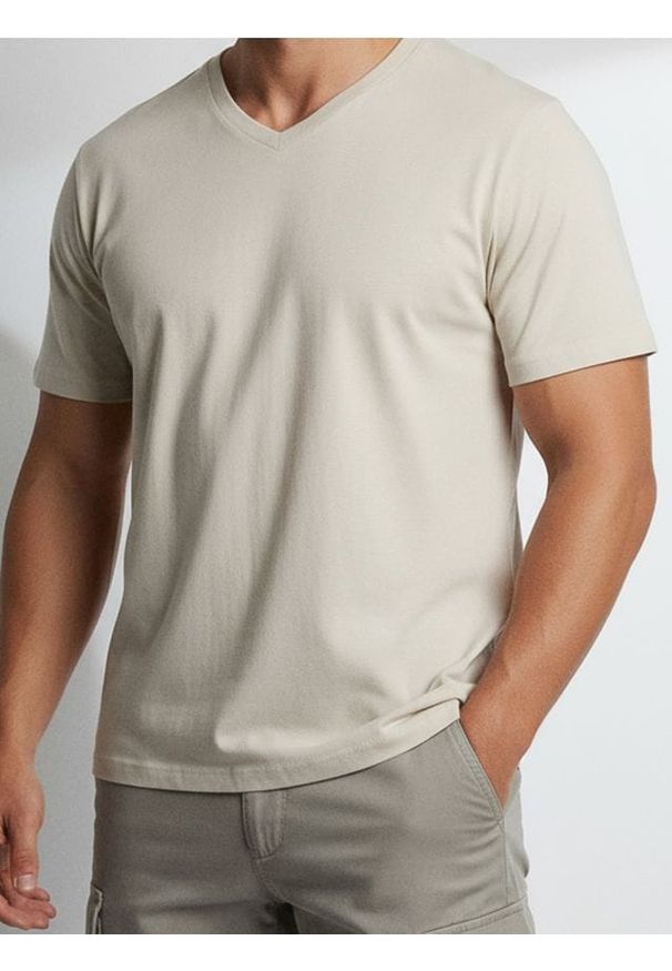 Sinsay - Bawełniana koszulka basic - kremowy. Kolor: kremowy. Materiał: bawełna