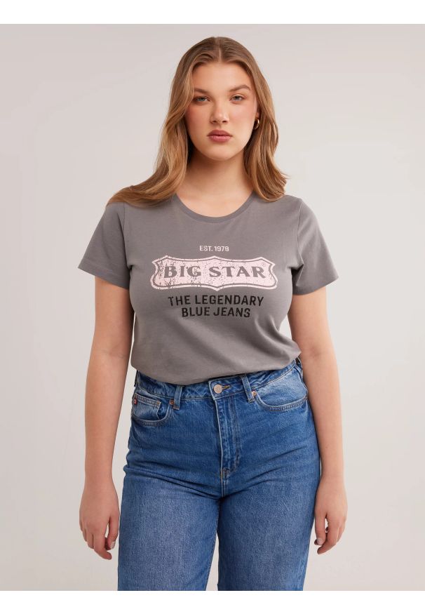Big-Star - Koszulka damska z nadrukiem na piersi z kolekcji Authentic szara Rissmelna 905. Kolor: szary. Materiał: jeans, dzianina. Wzór: nadruk. Styl: retro