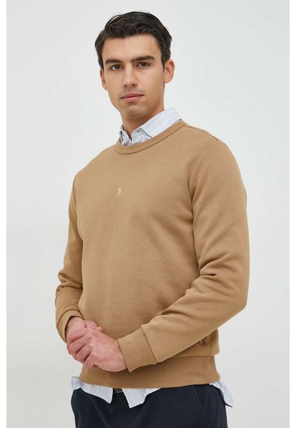 Polo Ralph Lauren bluza męska kolor beżowy gładka. Typ kołnierza: polo. Kolor: beżowy. Materiał: poliester, dzianina. Wzór: gładki
