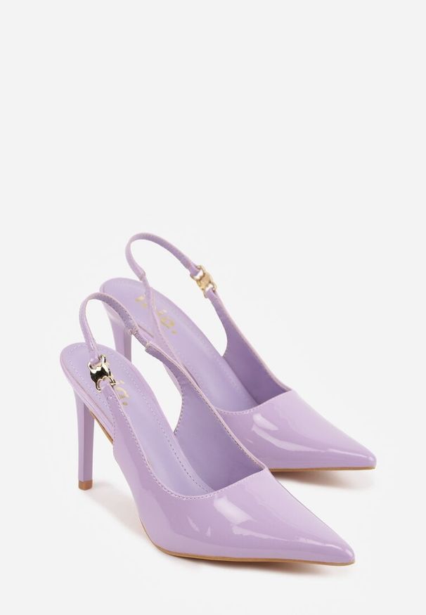 Renee - Fioletowe Sandały Slingback na Szpilce z Lakierowanym Połyskiem i Aplikacją Phisvienne. Kolor: fioletowy. Materiał: lakier. Wzór: aplikacja. Obcas: na szpilce. Styl: elegancki