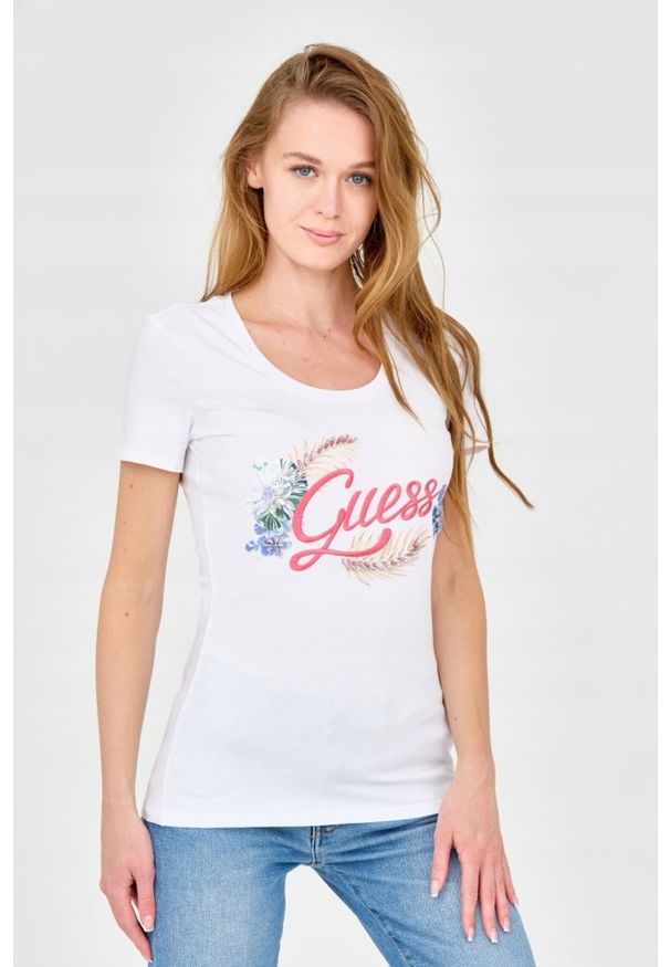 Guess - GUESS Damski biały t-shirt ze zdobionym logo, Rozmiar S. Kolor: biały. Materiał: bawełna. Wzór: aplikacja