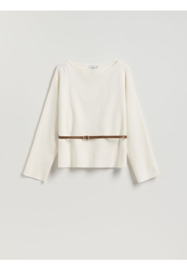 Reserved - Sweter z paskiem - złamana biel. Materiał: dzianina, wełna