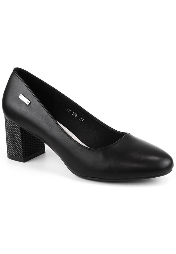 Czółenka na ozdobnym słupku czarne Sergio Leone PB178. Kolor: czarny. Materiał: skóra ekologiczna. Szerokość cholewki: normalna. Obcas: na słupku