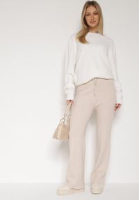 Born2be - Jasnobeżowe Prążkowane Spodnie z Wełną o Szerokim Kroju z Wysokim Stanem Reinnia. Okazja: na co dzień. Stan: podwyższony. Kolor: beżowy. Materiał: prążkowany, wełna. Styl: casual #5