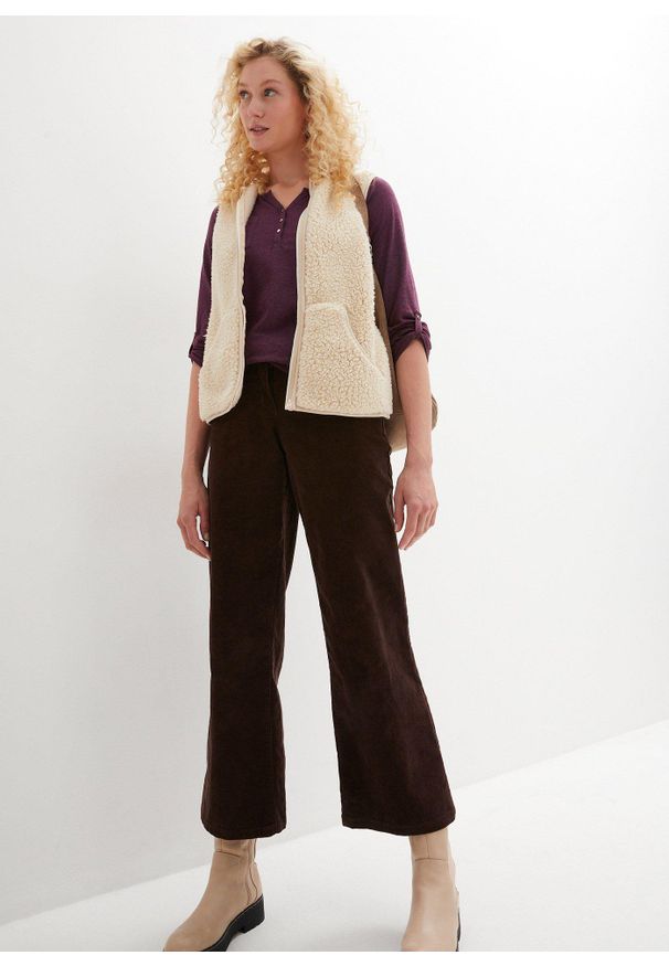 bonprix - Bluzka bawełniana z dekoltem henley z plisą guzikową. Typ kołnierza: typu henley. Kolor: fioletowy. Materiał: bawełna. Długość rękawa: długi rękaw. Długość: długie